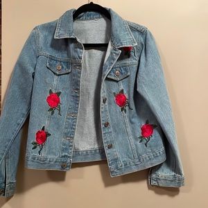 Denim jacket with rose embroidered on front